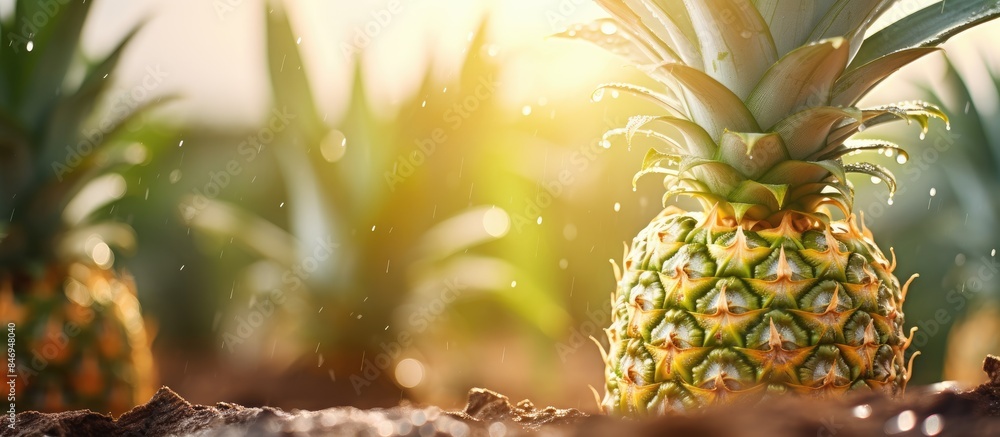 Fototapete Ripe pineapple stands alone, basking in sunlight in the middle of a vast field. with copy space image. Place for adding text or design