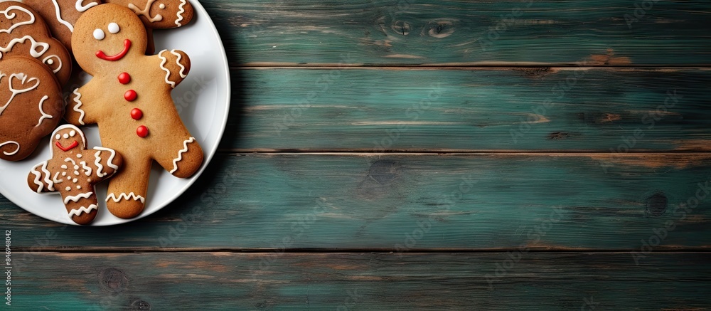 Aufkleber Plate of delicious ginger cookies displayed on a rustic wooden table, perfect for children and accompanied by a cup of coffee. with copy space image. Place for adding text or design