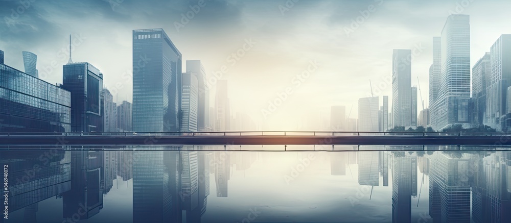 Poster Modern skyscraper with a reflection of a city in the water, creating a captivating urban view. with copy space image. Place for adding text or design