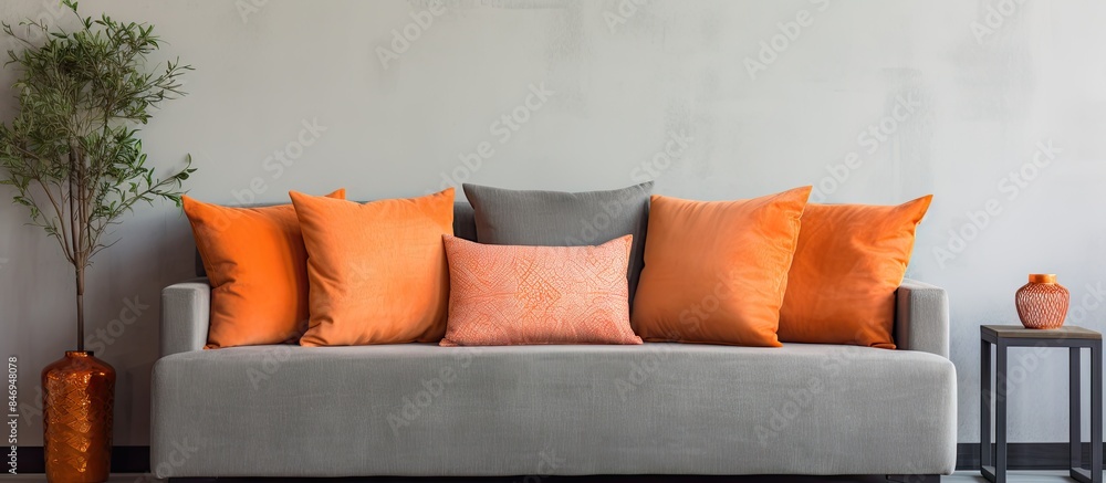 Poster grey couch adorned with bright orange pillows, accompanied by a lush plant in a stylish vase. with c