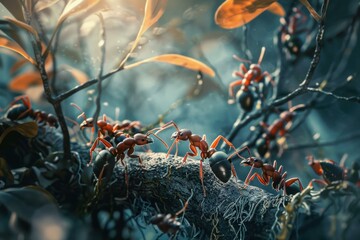 Macro shot of ants on a branch in a mystical twilight setting, showcasing teamwork