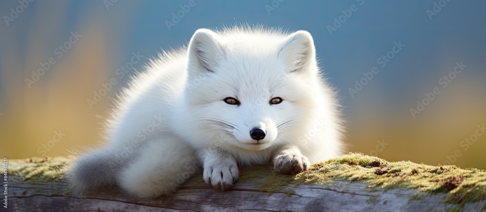 Poster Portrait of a serene white arctic fox peacefully lounging on a wooden log in its natural habitat. with copy space image. Place for adding text or design