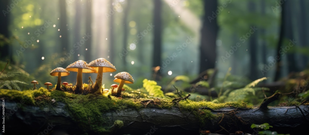 Fototapete Mushrooms on a log in the forest with sunlight filtering through the trees creating a serene natural scene. with copy space image. Place for adding text or design