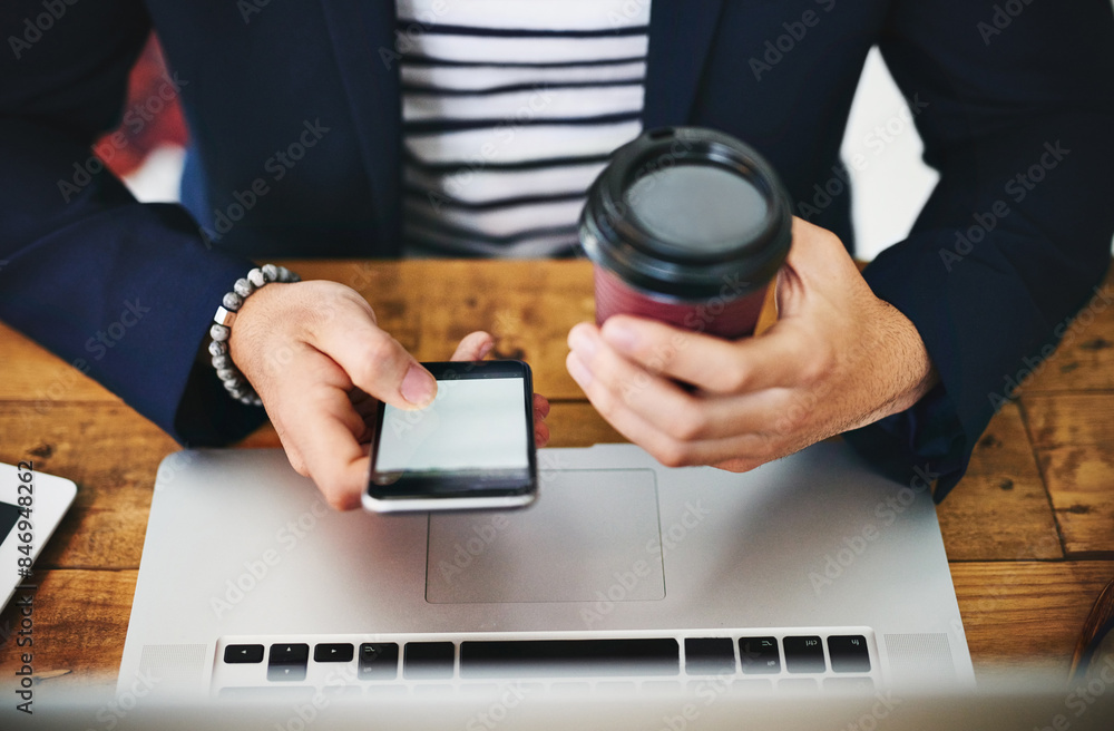 Poster coffee, phone and laptop with man hands at coworking office with blank screen for social media break