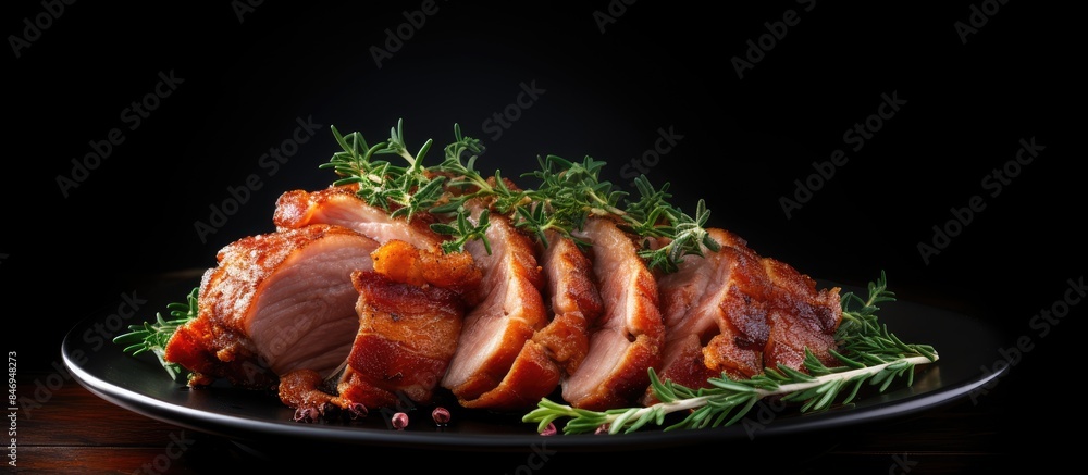 Fototapete Close-up view of a plate of meat garnished with herbs and seasonings. with copy space image. Place for adding text or design