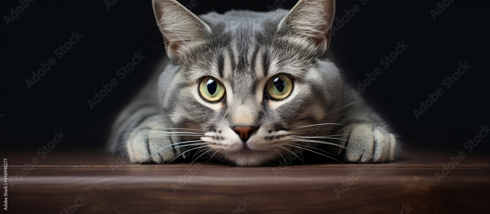 Poster male marble cat with a focused and serious look in his lime green eyes, reclining on a flat surface.