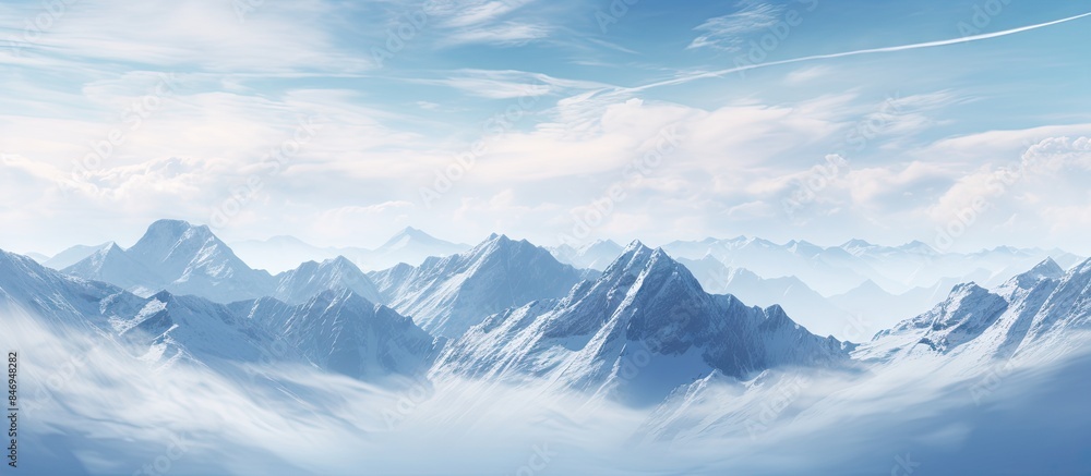 Poster Snowy mountains in the winter season with a plane flying over them in the distance. with copy space image. Place for adding text or design