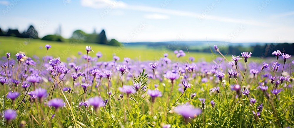 Poster fields of vibrant purple flowers contrast with lush green grass under a serene blue sky. with copy s