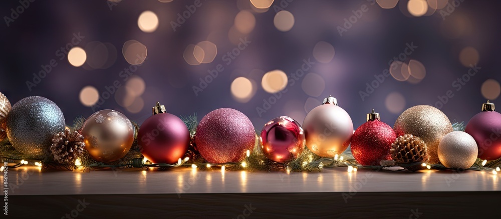 Poster Assorted holiday decorations placed on top of a glowing garland with lights intertwined. with copy space image. Place for adding text or design