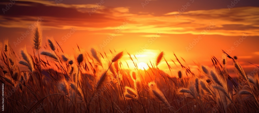 Leinwandbilder Field of wheat with setting sun in backdrop, creating a warm and serene atmosphere. with copy space image. Place for adding text or design
