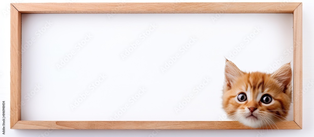 Poster Little orange cat curiously peeps out from the edge of a wooden frame. with copy space image. Place for adding text or design