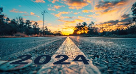Year 2020 road marking at sunset captures essence of nature and time passage