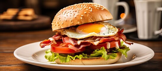 Close-up view of a classic cafe-style sandwich with bacon, tomato, and egg on a white plate and wooden table. A popular breakfast menu choice. with copy space image. Place for adding text or design