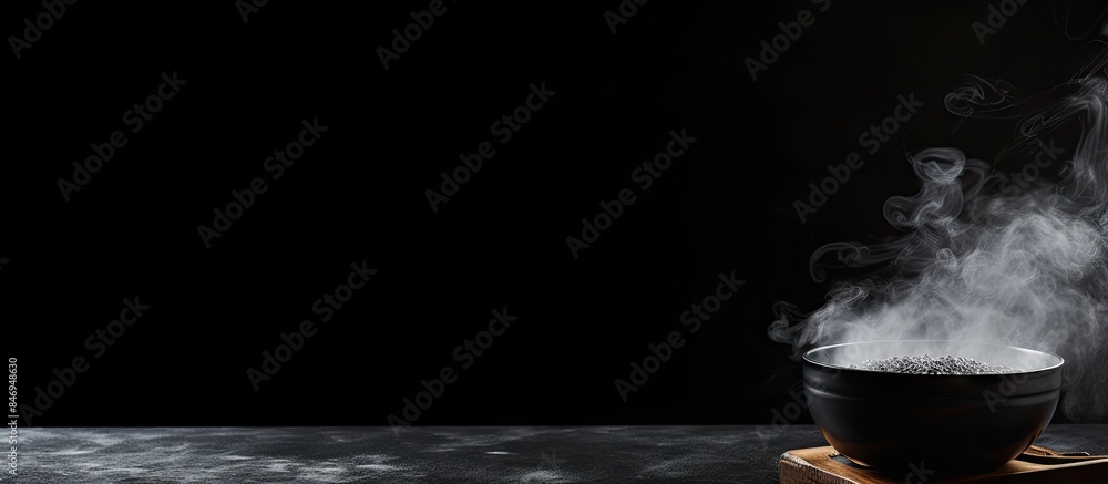 Aufkleber Hot, steaming rice served in a black bowl placed on a wooden stand. with copy space image. Place for adding text or design