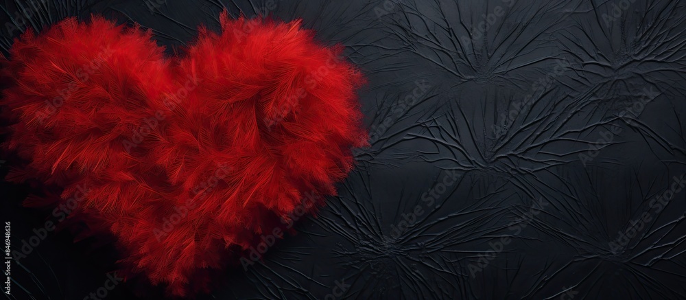 Aufkleber red heart featuring delicate feathers contrasted against a dark black background. with copy space im