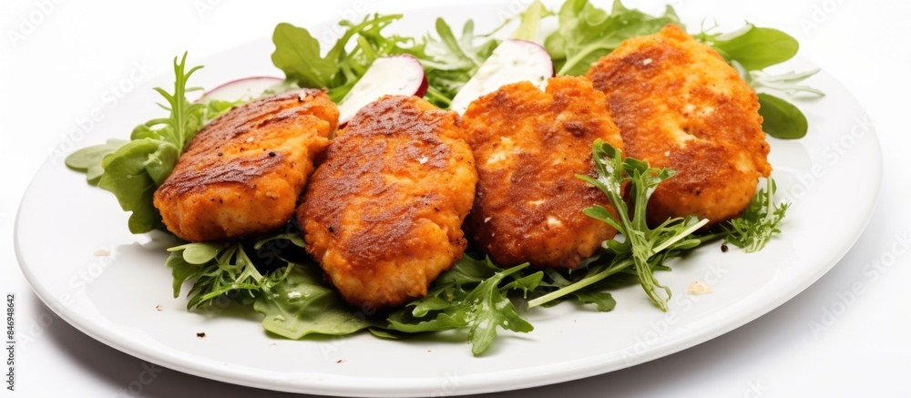 Aufkleber plated trio of fish cakes garnished with fresh greens, presented elegantly. with copy space image. p