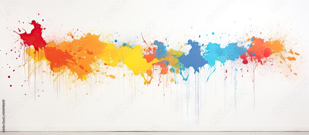 Poster A vibrant and varied splash of colored paint creating a striking pattern on a clean white wall. with copy space image. Place for adding text or design