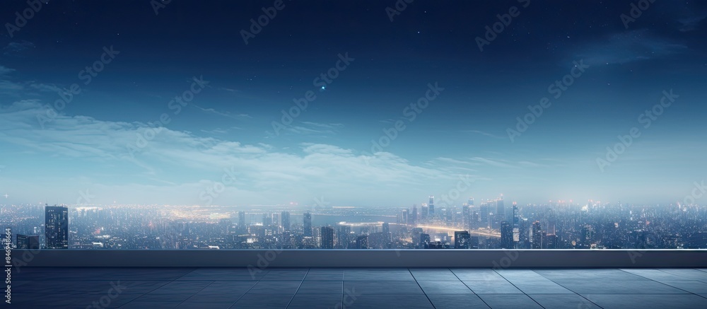 Poster city skyline can be seen at night, beautifully illuminated, from a rooftop vantage point. with copy 