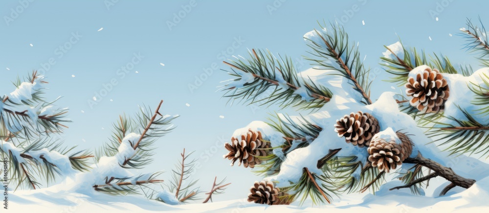 Poster birds soar above pine trees blanketed in snow, creating a serene winter scene with nature's beauty. 