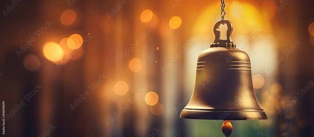 Poster vintage bell suspended from a chain in a room, capturing a nostalgic atmosphere. with copy space ima
