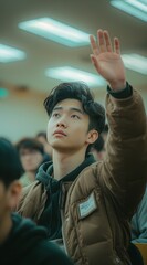 Obraz premium Handsome Asian male college student is sitting in the classroom, raising his hand to answer the teacher's question.