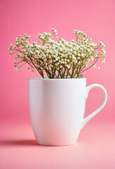 Simple mockup of a white mug with gypsophila flowers on a pink background