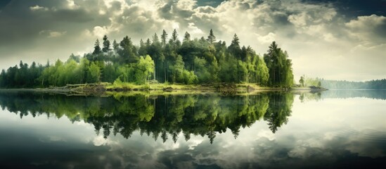 Reflection of lush forest in serene lake waters, with trees mirrored and distant forest view. with copy space image. Place for adding text or design