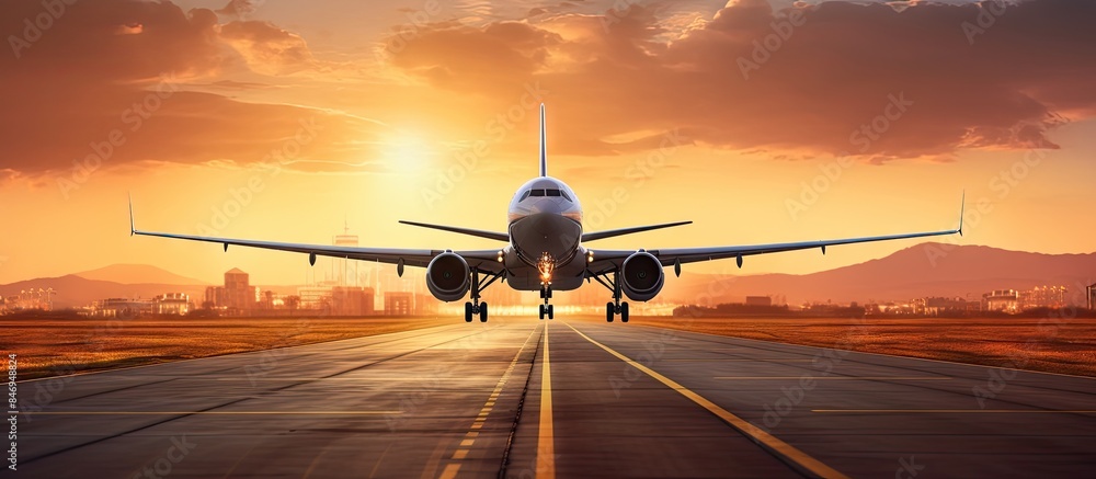 Aufkleber Airplane touching down on airport runway against city skyline during sunset. with copy space image. Place for adding text or design