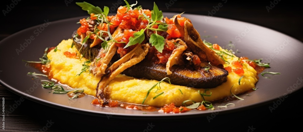 Aufkleber delicious plate with a savory combination of mushroom and tomato sauce, a perfect meal. with copy sp