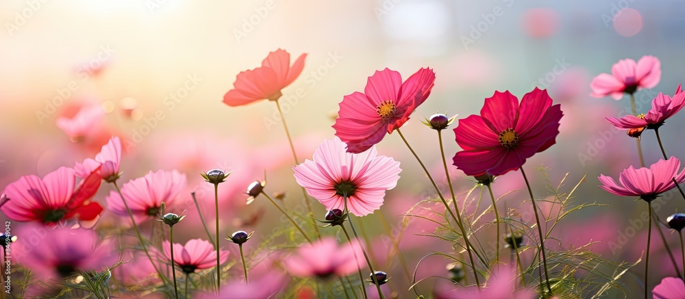 Poster pink cosmos flowers bloom beautifully in the morning light, creating a picturesque scene in nature w