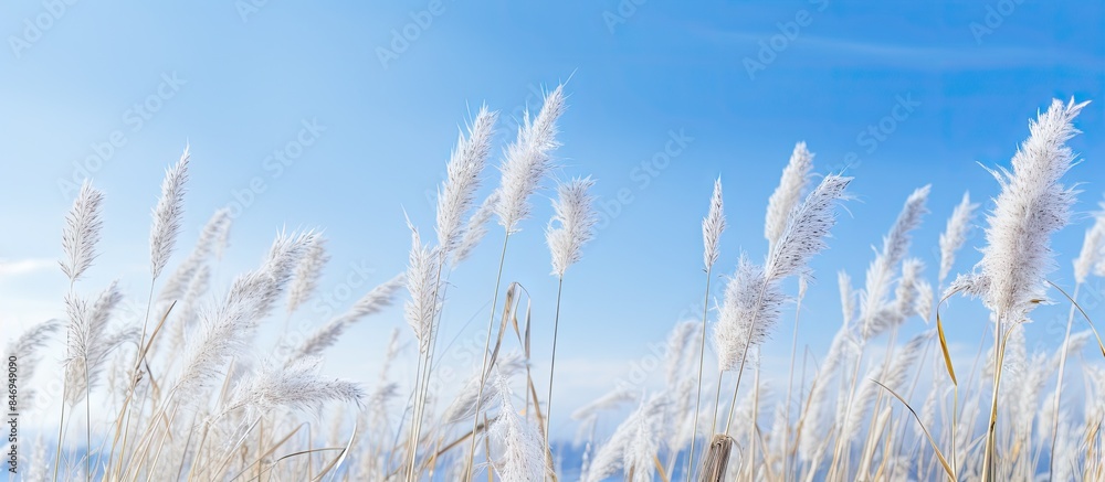 Poster Green grasses standing tall, gently swaying in the wind against a backdrop of a serene blue sky. with copy space image. Place for adding text or design