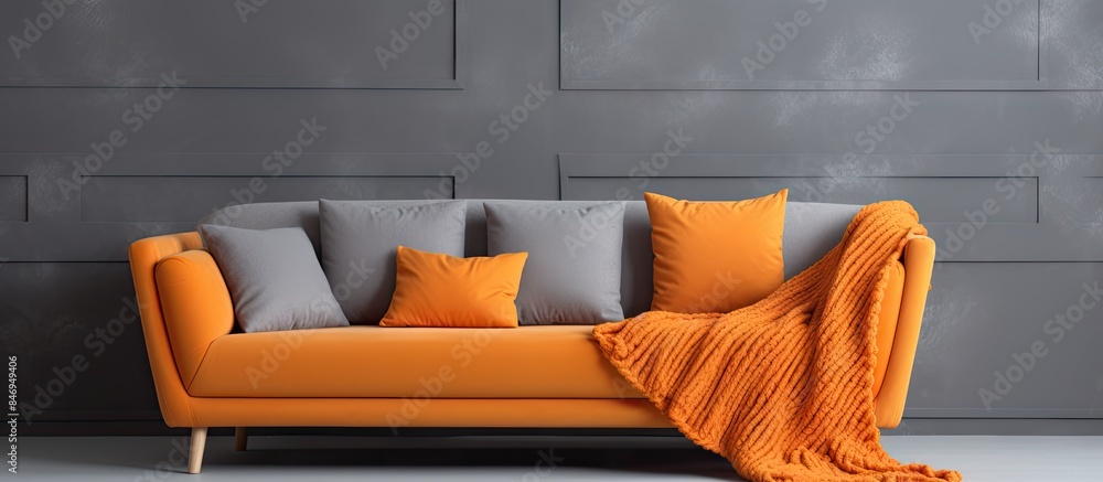 Aufkleber cozy gray scandinavian sofa in a living room with a pop of orange from the blanket against a gray wa