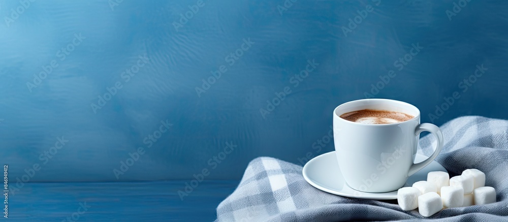 Leinwandbilder coffee cup filled with marshmallows placed on a blue background for a cozy morning vibe. with copy s