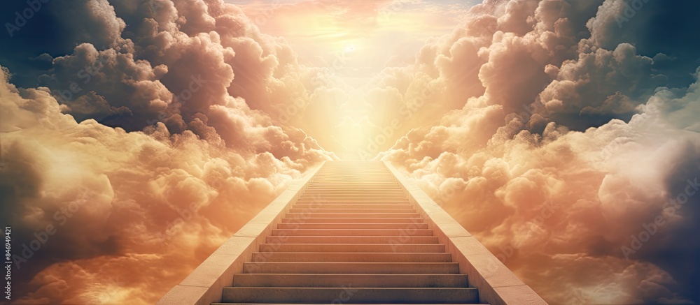 Poster A ladder leads upward towards a radiant sky filled with fluffy clouds, portraying a religious concept of rising towards heaven. with copy space image. Place for adding text or design
