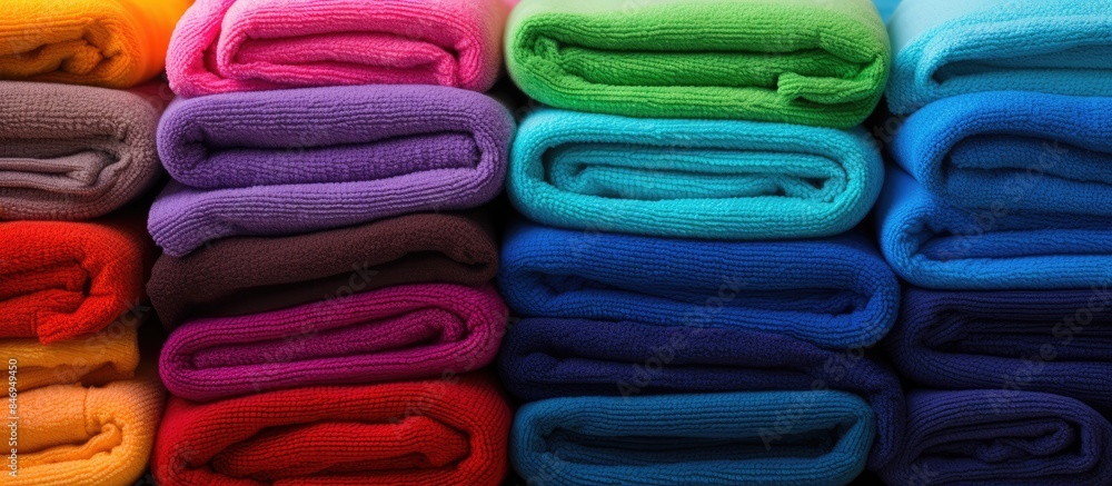 Leinwandbilder Colorful towels in a vibrant array neatly piled on a table, offering comfort and style. with copy space image. Place for adding text or design