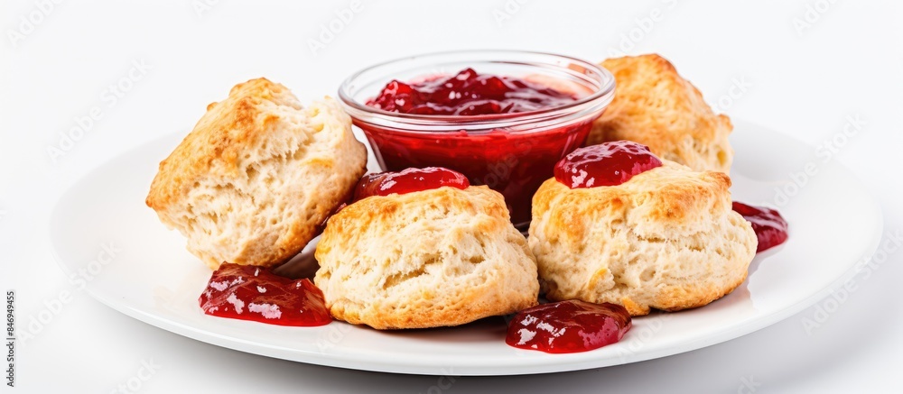 Fototapete Plate featuring biscuits topped with jam alongside a separate bowl filled with more jam. with copy space image. Place for adding text or design