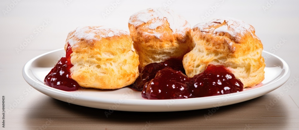 Fototapete delicious scones topped with sweet jam displayed neatly on a square dish against a white backdrop. w