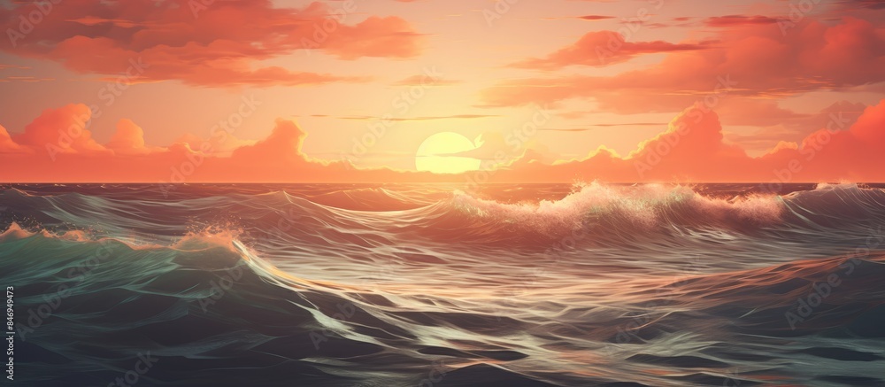 Poster the sun sets over the tranquil ocean, casting a golden glow on the gentle waves and painting the sky