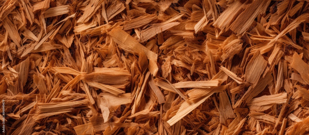 Poster Close-up view of a stack of wood chips with a textured appearance of pressed brown shavings. with copy space image. Place for adding text or design
