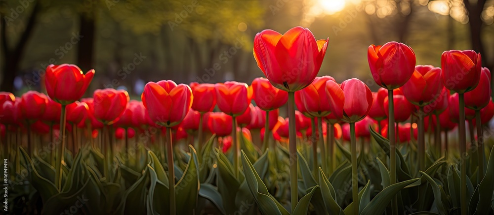 Aufkleber Numerous vibrant red tulips bloom in a field of fresh green grass in the Dallas Botanic Garden. with copy space image. Place for adding text or design