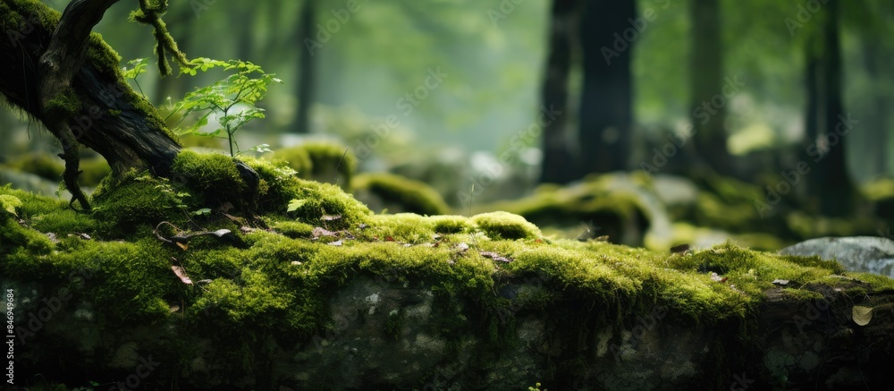 Aufkleber Moss thrives around a tree trunk in a lush forest setting. with copy space image. Place for adding text or design