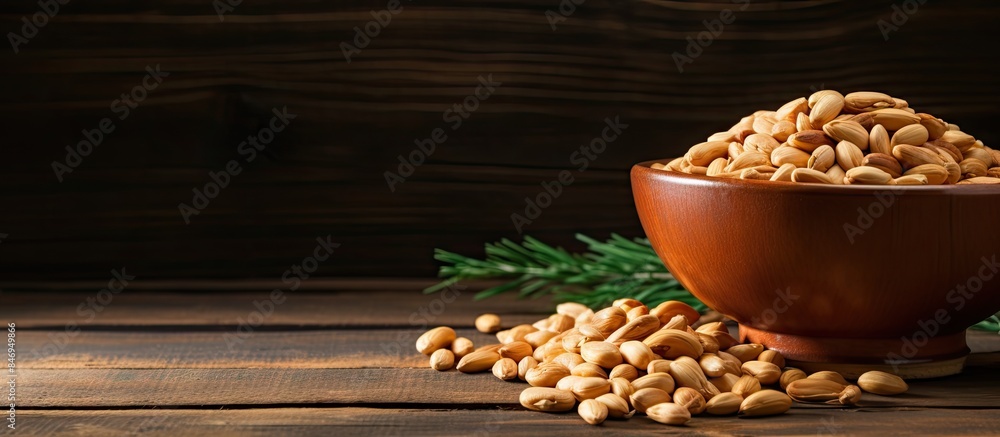Poster close-up view of a bowl filled with peanuts resting on a wooden table, with pine nuts scattered arou