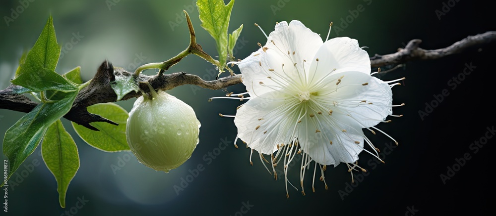 Aufkleber a close-up of a white flower blooming on a tree branch alongside a small green fruit. with copy spac