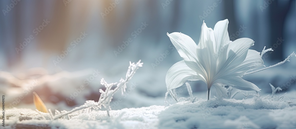Poster Delicate white flower resting peacefully in a bed of snow, surrounded by frosty winter forest landscape. with copy space image. Place for adding text or design