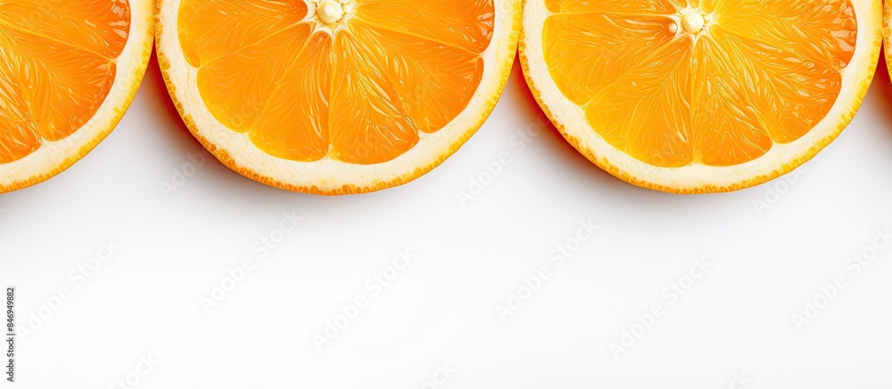 Aufkleber Arrangement of five orange slices in a row on a plain white background, creating a simple and vibrant display. with copy space image. Place for adding text or design