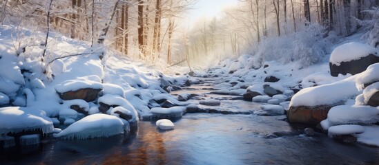 Golden sun rays illuminate snow-covered trees above a flowing stream in the winter forest. with copy space image. Place for adding text or design
