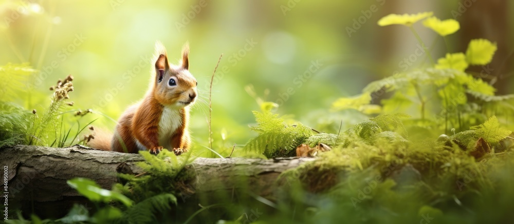 Poster Red squirrel with bushy tail sitting on a fallen log in the midst of a lush forest. with copy space image. Place for adding text or design
