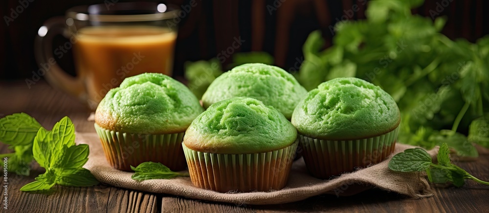 Fototapete four delicious cupcakes topped with green frosting arranged neatly on a napkin. with copy space imag