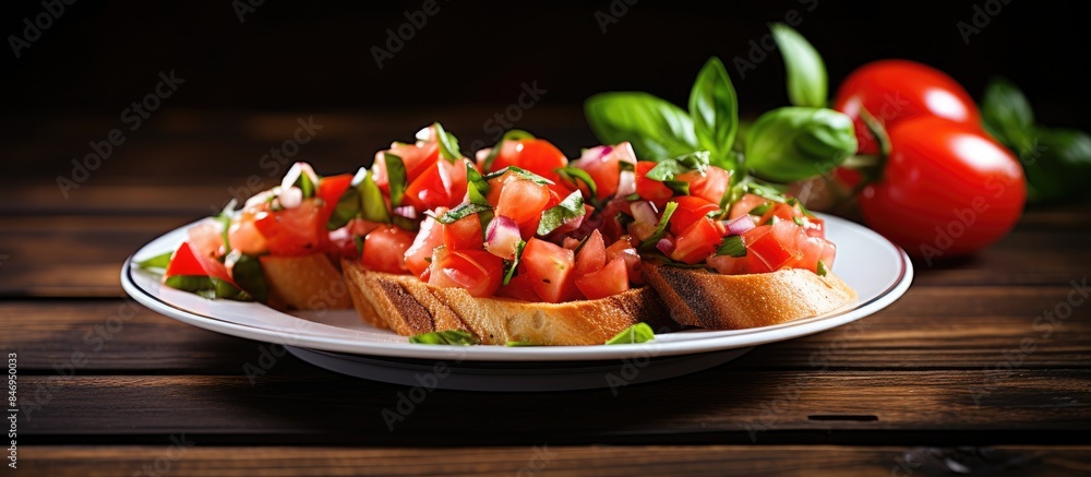 Aufkleber Fresh tomatoes and basil on crispy toast served on a plate. with copy space image. Place for adding text or design
