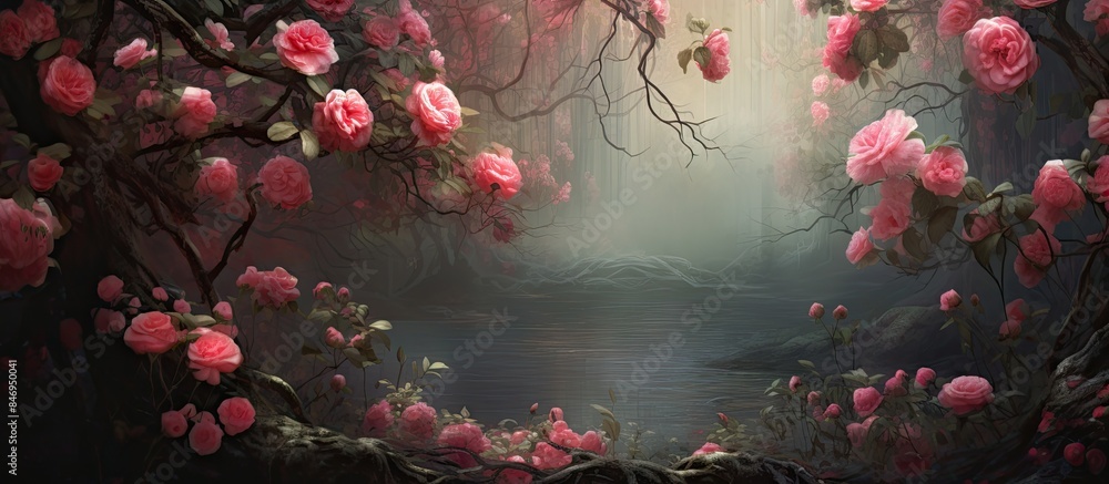 Fototapete Cluster of blooming pink roses on a tree branch in the spring garden. with copy space image. Place for adding text or design